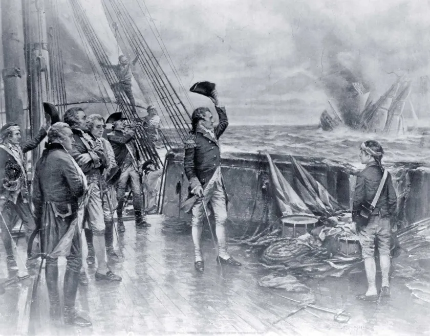 Painting by Percy Moran depicting John Paul Jones and his crew leaving the heavily damaged Bonhomme Richard after its victory over HMS Serapis in September 1779.