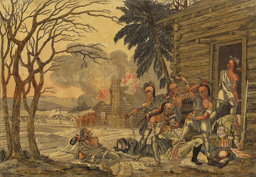 Illustration depicting violence with a cabin burning in the background
