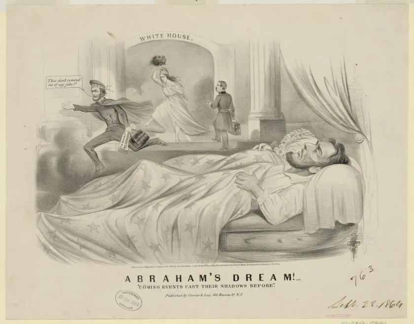 1864 political cartoon showing Abraham Lincoln having a nightmare about losing the presidential election. In his dream, a figure representing Columbia kicks Lincoln away from the White House as he flees with a valise, while his opponent, George B. McClellan, approaches the White House steps.
