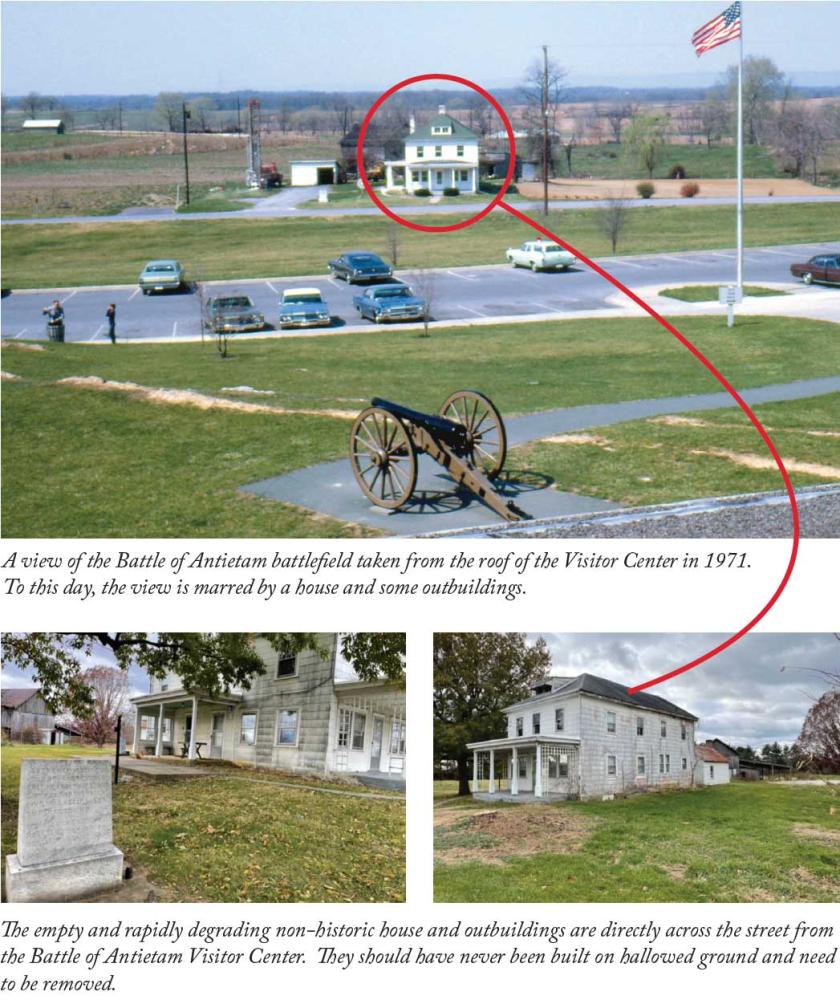 TOP: A view of the Battle of Antietam battlefield taken from the roof of the Visitor Center in 1971. To this day, the view is marred by a house and some outbuildings. BOTTOM: The empty and rapidly degrading non-historic house and outbuildings are directly across the street from the Battle of Antietam Visitor Center. They should have never been built on hallowed ground and need to be removed.
