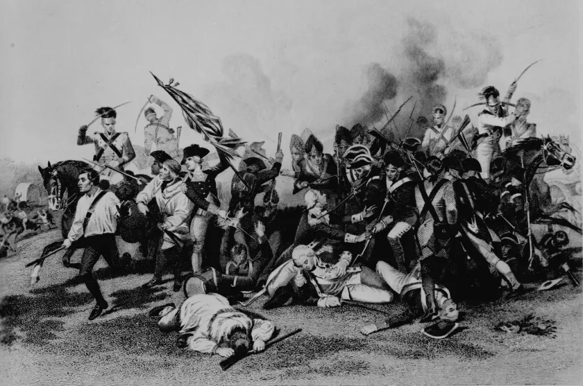 Historical engraving depicting the mortal wounding of Continental Army Maj. Gen. Johann de Kalb during the Battle of Camden, South Carolina, in August 1780.