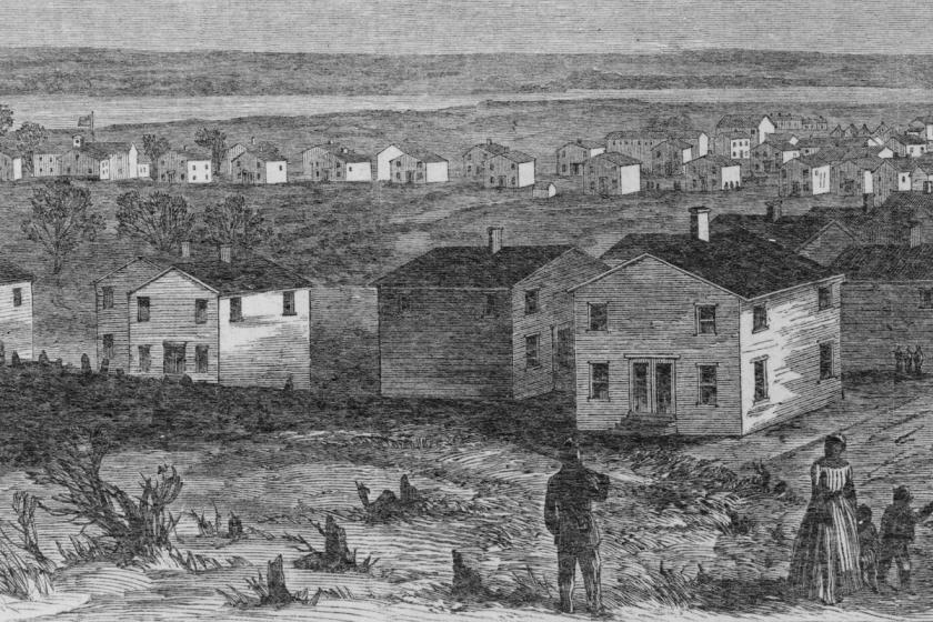 Detail from illustration entitled "Freedman's village, Arlington, Virginia" published in Harper's Weekly, v. 8, 1864 May 7.