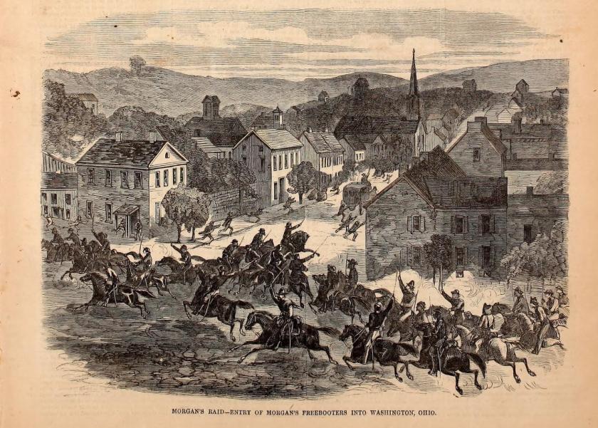 An illustration depicting the entry of Morgan's Freebooters into Washington, Ohio