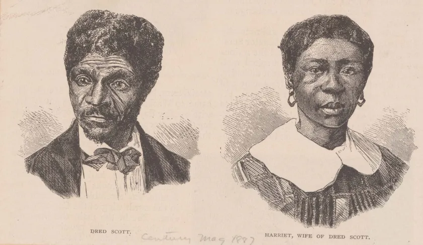 Wood engraving featuring side-by-side bust portraits of Dred Scott and his wife, Harriet Scott.