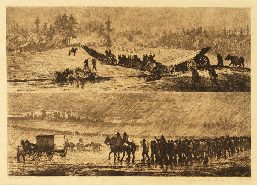 "Marching in the Rain, Stuck in the Mud, A Flank March across Country during a Thunderstorm" etching by Edwin Forbes