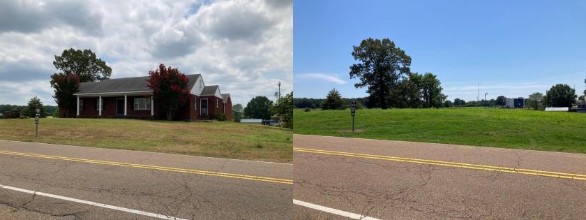 Two photos showing Parker's Cross Roads pre- and post-restoration.