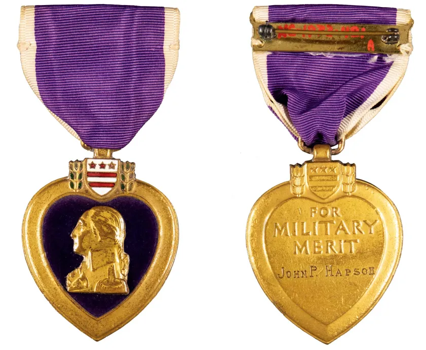 The Purple Heart presented to John P. Hapson after WW1, one of the first three instances of the award.