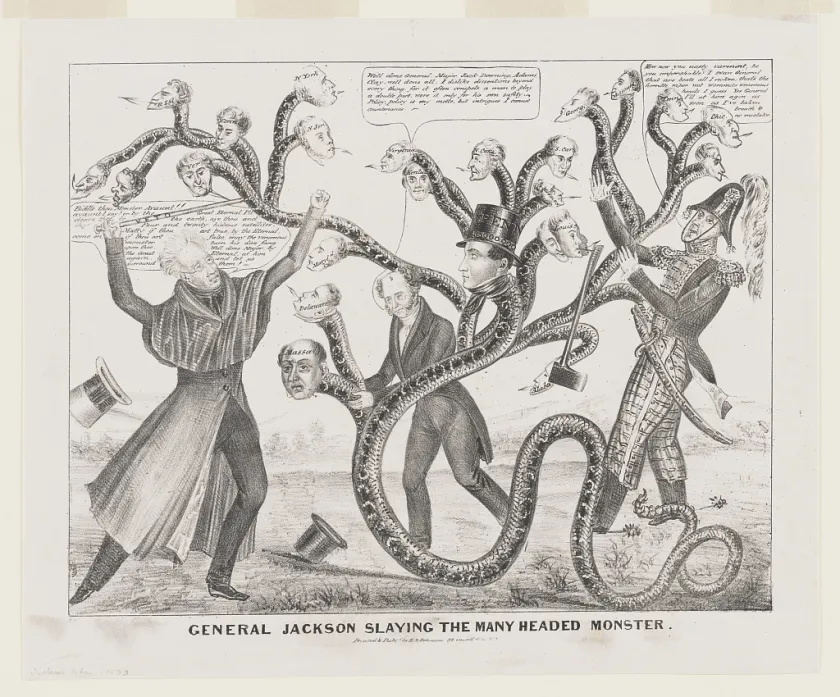 Political cartoon depicting Andrew Jackson wielding a cane marked “Veto” as he battles a many-headed serpent representing the Bank of the United States and state banks.