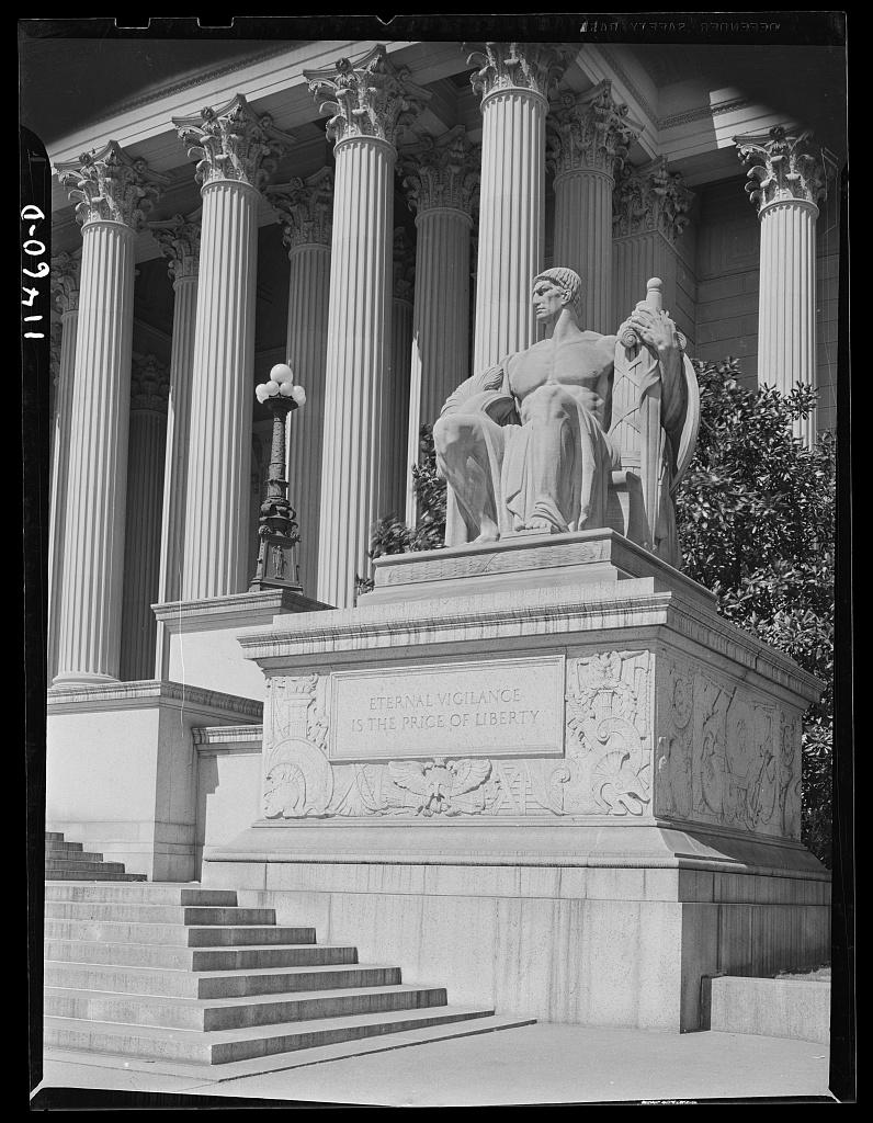 Statue on the right of the main entrance to the National Archives of the United States bears the inscription "Eternal vigilance is the price of liberty"
