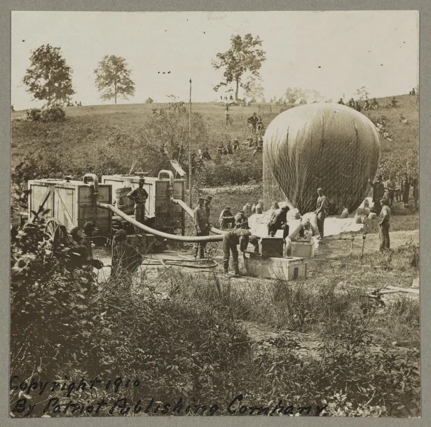 Civil War photograph showing Union soldiers inflating the military observation balloon Intrepid near Gaines Mill, Virginia, in June 1862.