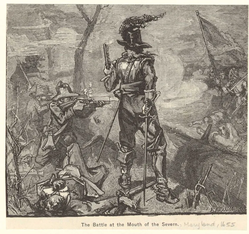 Nineteenth-century wood engraving depicting armed colonial forces fighting during the Battle of the Severn in Maryland in 1655.