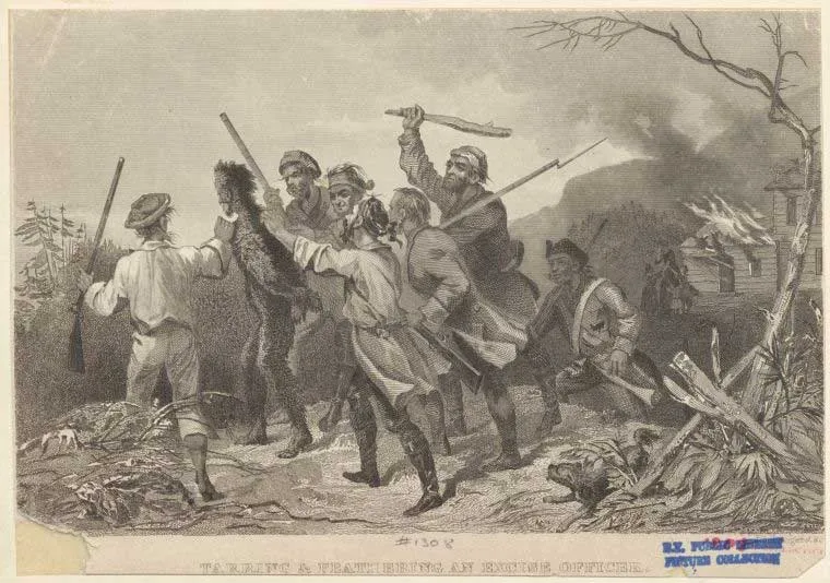 An illustration of a group of people tarring and feathering an indivudual