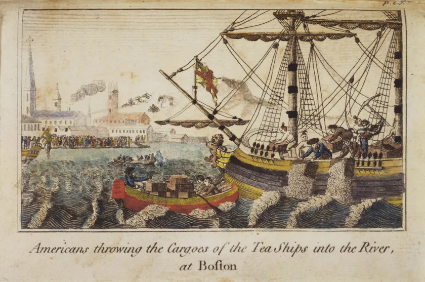 Engraving depicting participants in the Boston Tea Party throwing East India Company tea into Boston Harbor on Dec. 16, 1773.