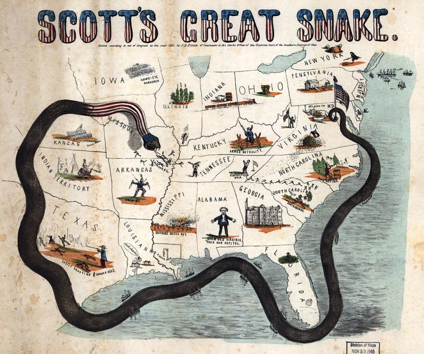 This map depicts the areas blockaded by Scott's "Great Snake" plan.