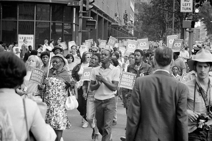 This is a black and white photograph of MLK Poor People's March protesters at Lafayette Park. 