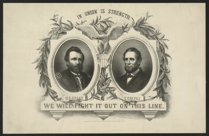 Illustrated 1868 Republican campaign banner featuring portraits of Ulysses S. Grant and Schuyler Colfax, an American eagle, patriotic symbols and campaign slogans.