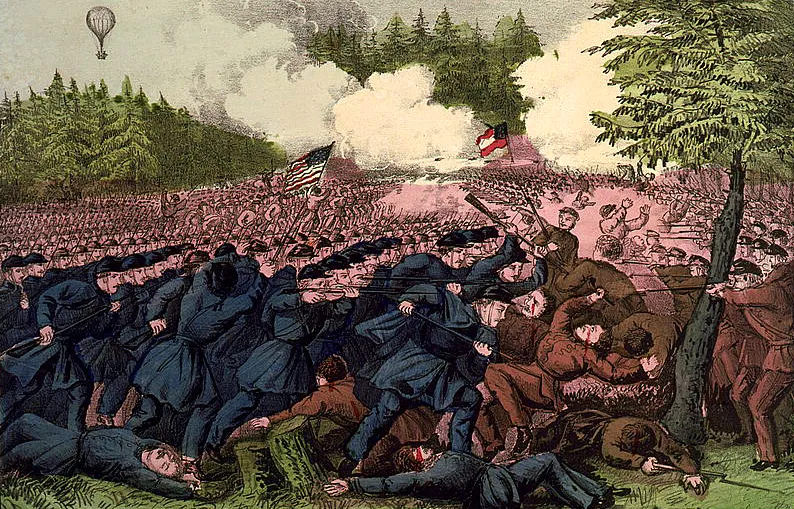 The Battle of Fair Oaks, Va. May 31st, 1862, published by Currier & Ives, 1862. The lithograph depicts the fierce fighting between Union and Confederate forces near Richmond, Virginia, during the Peninsula Campaign, with a military observation balloon visible in the distance.