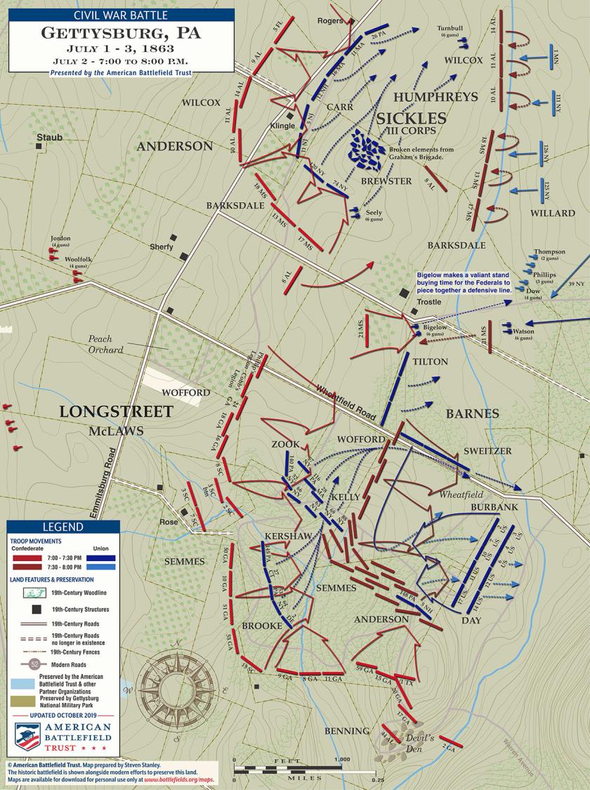 Gettysburg Battle Map | July 2, 1863: 7-8:00 pm
