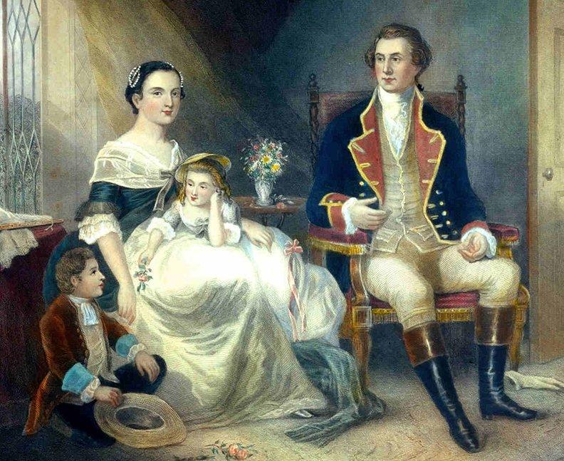 This is a family portrait of Martha, George, and two of their children. 