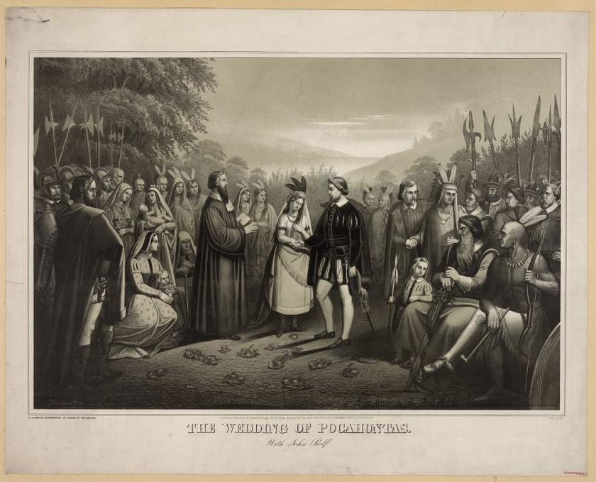 Lithograph depicting the wedding of Pocahontas and John Rolfe