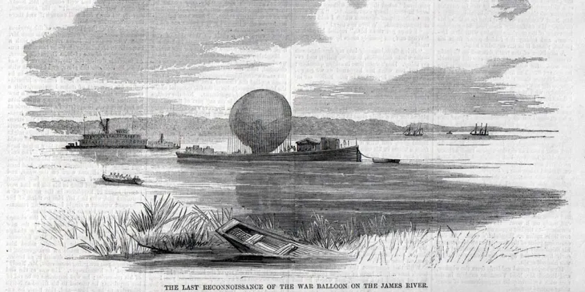 Nineteenth-century newspaper illustration depicting a Civil War military observation balloon conducting reconnaissance along the James River in Virginia.