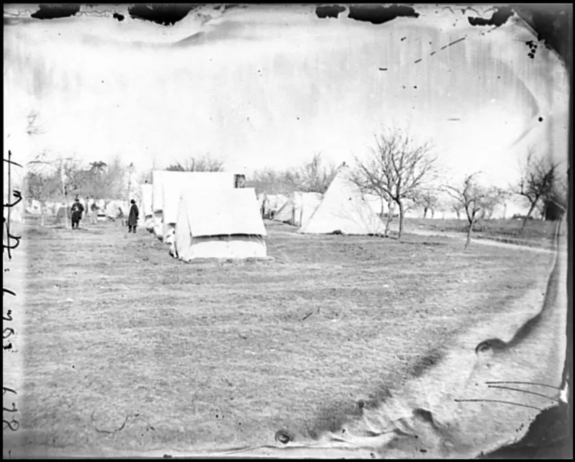Civil War photograph showing a Union Army balloon camp near Falmouth, Virginia, in March 1863.