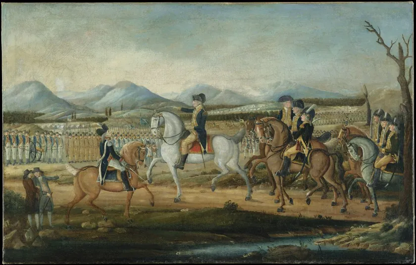 Painting attributed to Frederick Kemmelmeyer depicting George Washington on horseback reviewing militia troops assembled at Fort Cumberland during the Whiskey Rebellion.