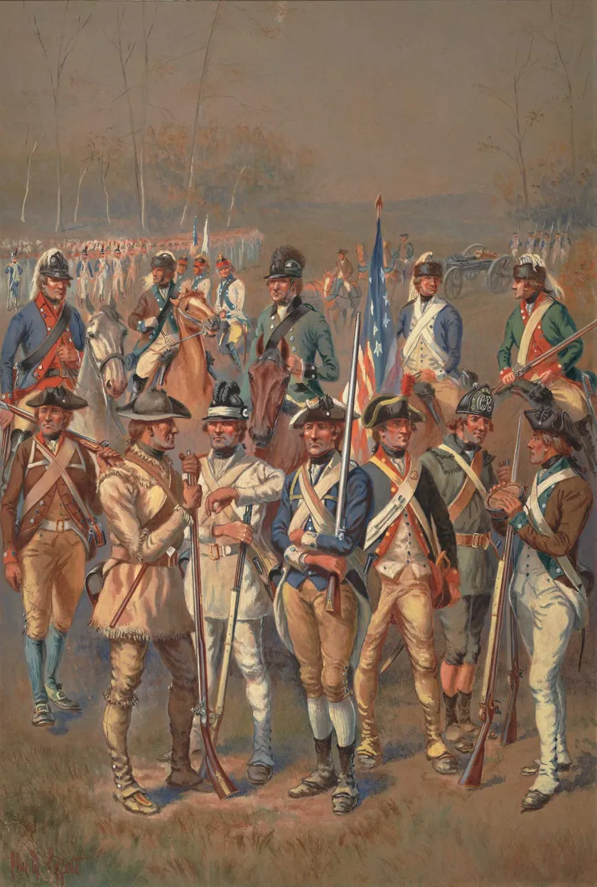 Original watercolor signed by Lefferts; uniform group of infantry, cavalry and artillery from Revolutionary War, gathered in field, trees in background. Typewritten sheet No. 9 with watercolor