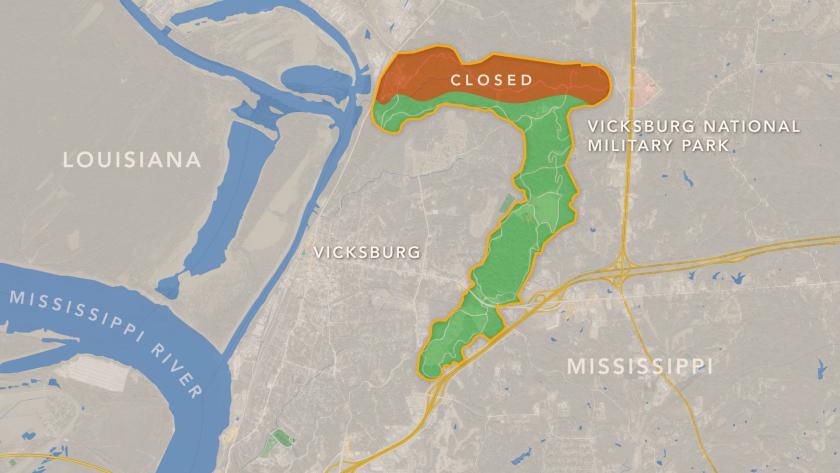 Map of park closure at Vicksburg National Military Park, Miss.