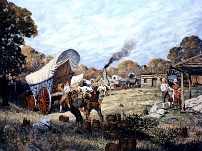 Historical display depicting the Whiskey Rebellion of 1794.