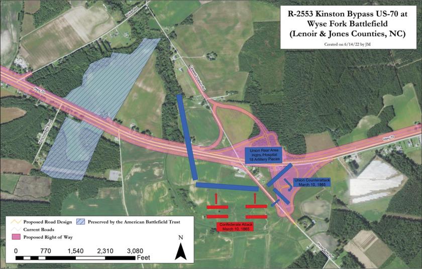 A map showing the proposed bypass at Wyse Fork Battlefield