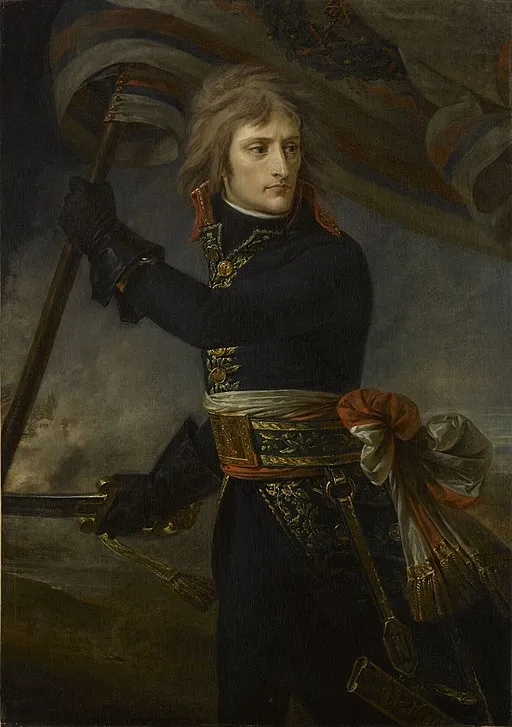 Portrait of a young Napoleon Bonaparte carrying a French flag during the Battle of Arcole in 1796.