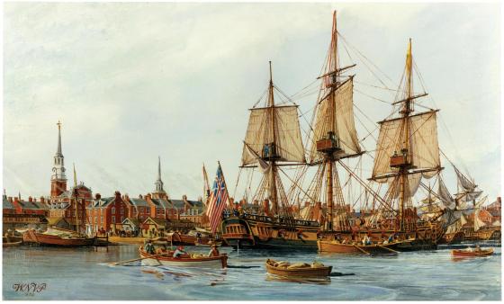 Painting of tall ship with row boats in the foreground and brick buildings in the background