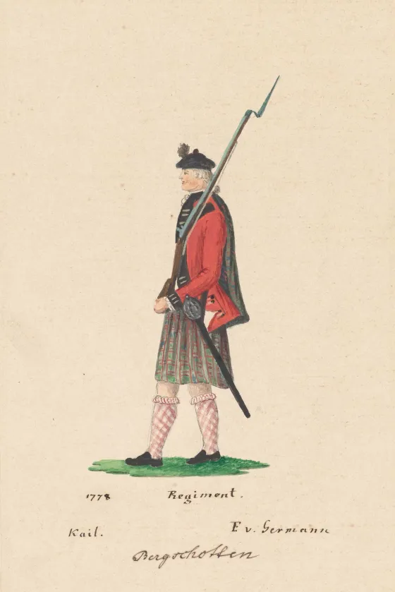 The dress of the 84th Regiment of Foot is depicted in Friedrich von Germann's 'Bergschotten Regiment. 1778'