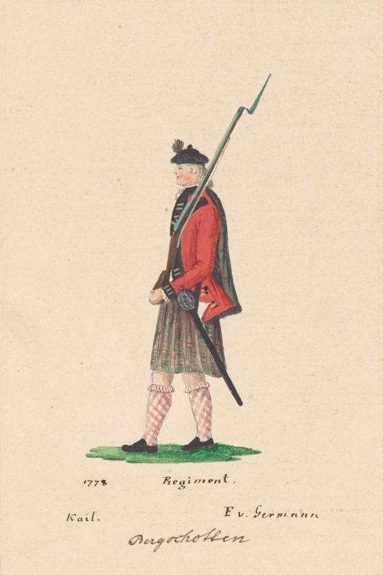 The dress of the 84th Regiment of Foot is depicted in Friedrich von Germann's 'Bergschotten Regiment. 1778'