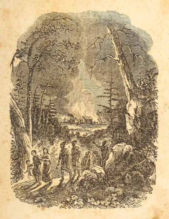 Illustration on sepia toned paper that depicts native Americans walking along a trail in the woods, with a village in the background