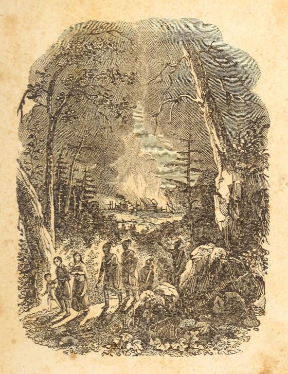 Illustration on sepia toned paper that depicts native Americans walking along a trail in the woods, with a village in the background