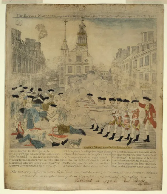 Hand-colored engraving by Paul Revere depicting British soldiers firing into a crowd of civilians during the Boston Massacre on March 5, 1770.