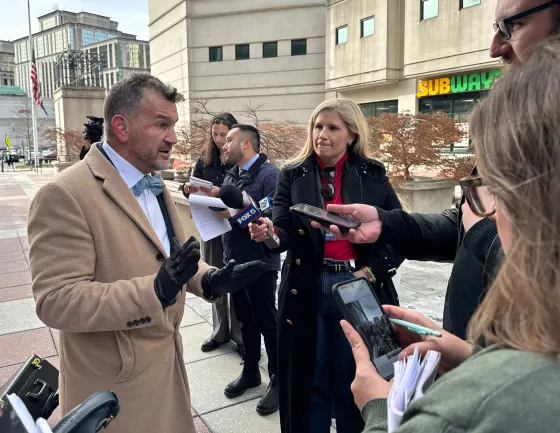 Trust attorney Chap Petersen addresses reporters outside the Virginia Court of Appeals.