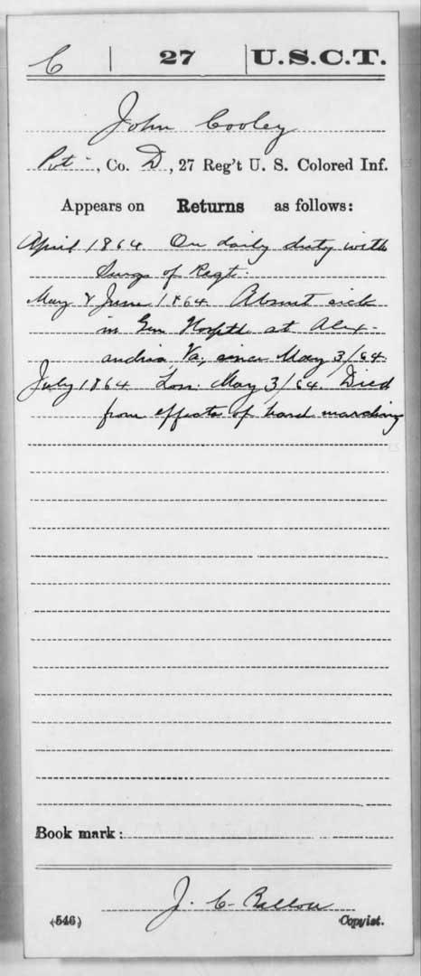 Pvt. John Cooley, of the 27th USCT, was the first Black soldier who died at L’Ouverture Hospital. Cooley’s service record states that he died in 1864 “from effects of hard marching.”