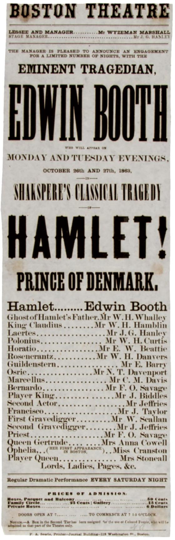 Newspaper clipping advertising Edwin Booth playing Hamlet at the Boston Theatre