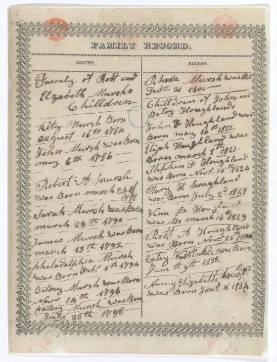 Hand-written record a the births of a family.