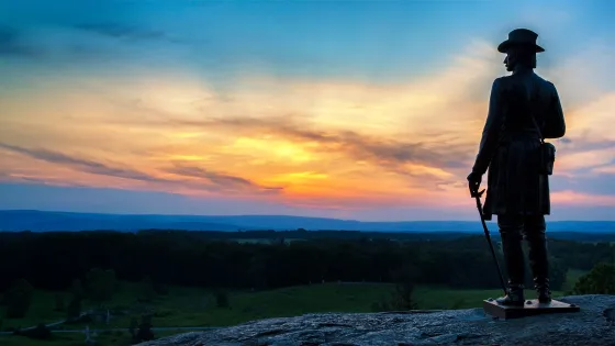 The monument to Union Maj. Gen. Gouverneur K. Warren stands on Little Round Top at Gettysburg National Military Park.
