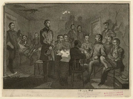 Engraving depicting Union generals gathered around a table during Gen. George G. Meade’s council of war at Gettysburg on July 2, 1863.