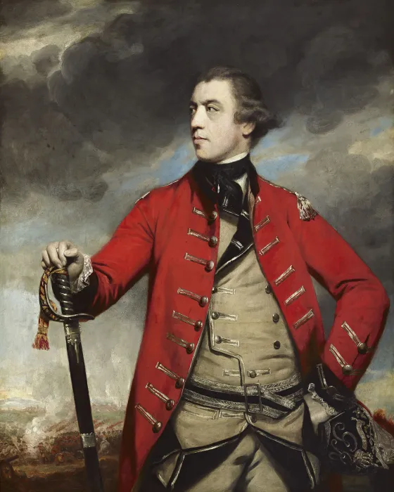 Portrait of British General John Burgoyne wearing an eighteenth-century military uniform and posed against a dark background.