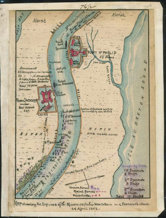 Map showing the defenses of the Mississippi below New Orleans and Farragut's attack 24 April 1862.