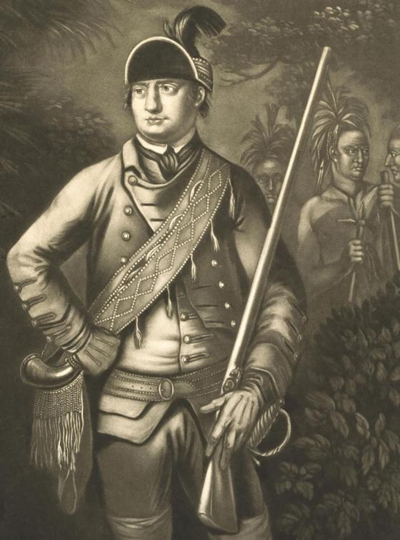 Sepia drawn portrait of a man with colonial garb and rifle, with Native American figures in the background.
