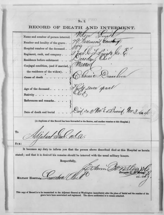 Pvt. Nelson Smith, of the 27th USCT, died while he was a patient at L’Ouverture Hospital in November 1864. He was originally interred at the Contrabands and Freedmen Cemetery.