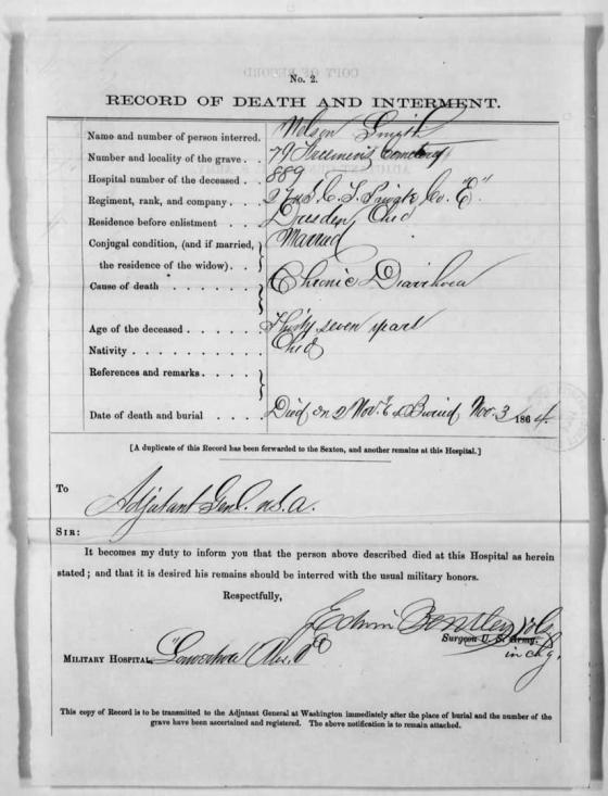 Pvt. Nelson Smith, of the 27th USCT, died while he was a patient at L’Ouverture Hospital in November 1864. He was originally interred at the Contrabands and Freedmen Cemetery.