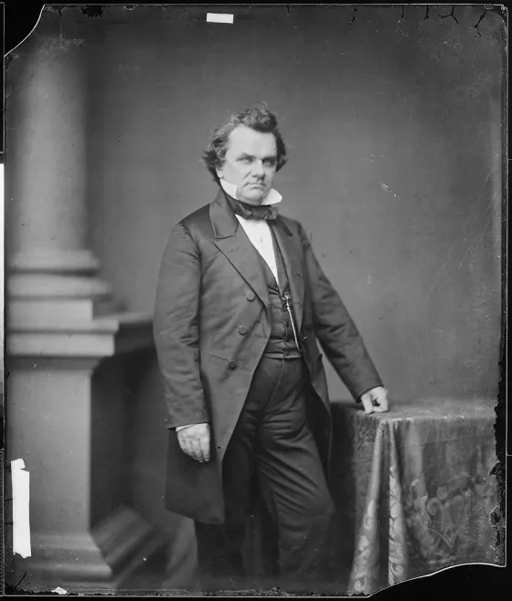 Black-and-white portrait of Stephen A. Douglas wearing a dark suit, vest and white shirt during the Civil War era.